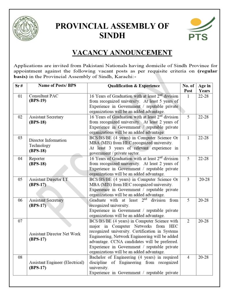 Advertisement of Provincial Assembly of Sindh Jobs