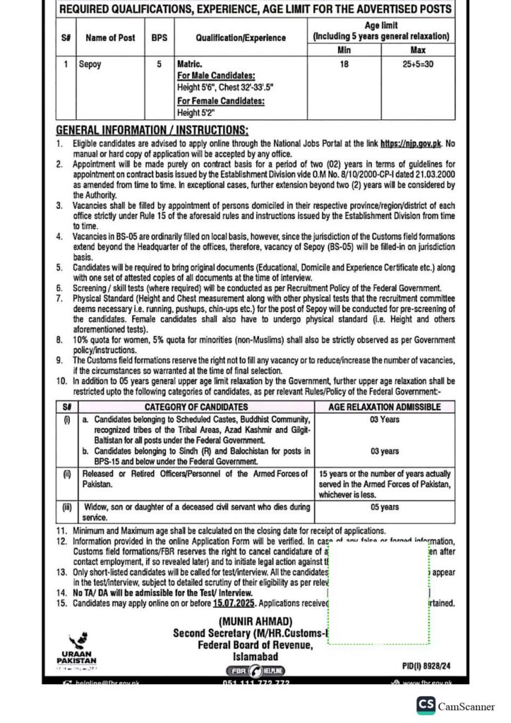 Advertisement for FBR (Federal Board of Revenue) Jobs