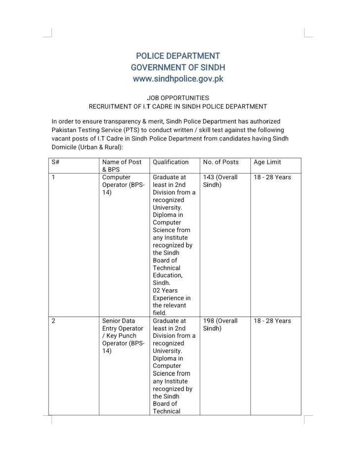 Advertisement of Jobs in IT Cadre in Sindh Police Department