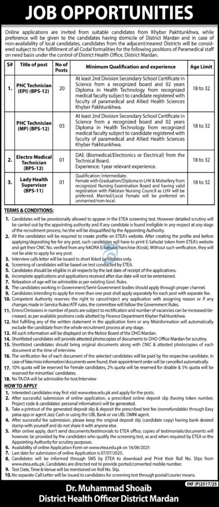 Advertisement of District Health Office Mardan Jobs